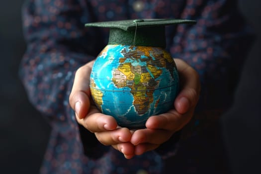 A person is holding a small globe in their hands, carefully examining it while standing against a plain background.