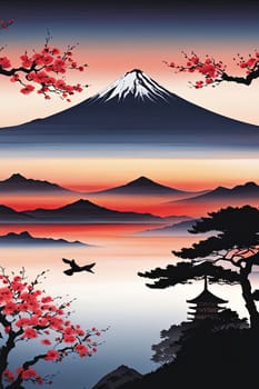 Painting of japanese Mount Fuji at sunset. For meditation apps, on covers of books about spiritual growth, in designs for yoga studios, spa salons, illustration for articles on inner peace, banner