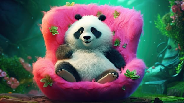 Cheerful plush soft toy panda resting in a woolen pink chair against a background of green plants in a fairy forest, bright neon colors, Generated AI