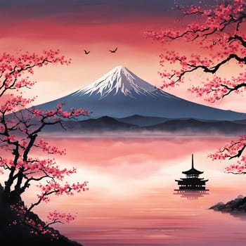 Serene Japanese landscape with mountain, cherry blossom tree. Cherry blossoms are in full bloom, creating beautiful, peaceful atmosphere. For interior, commercial spaces to create stylish atmosphere