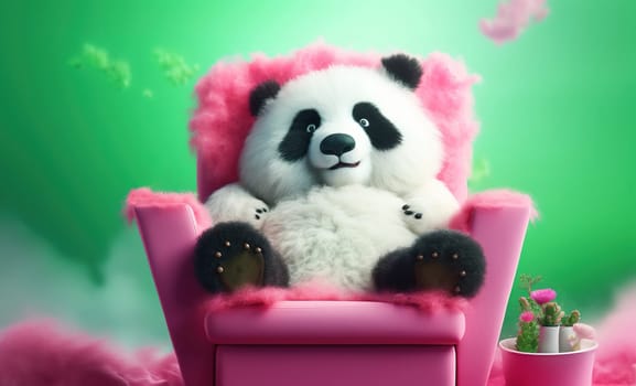 Cheerful plush cute panda resting in a woolen pink chair on a green cloudy background with potted cacti in a fairy forest, bright neon colors, Generated AI
