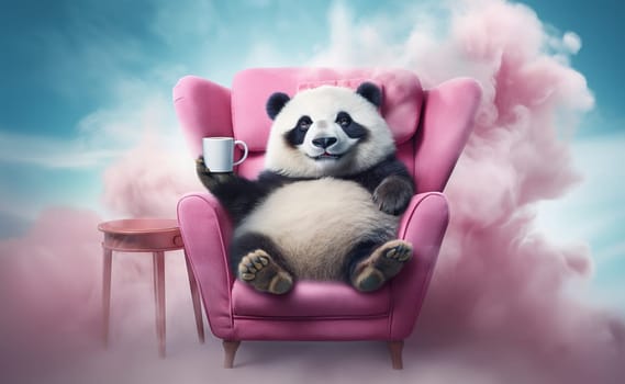 cheerful fluffy cute panda dreams in a pink leather chair against a blue sky with cotton candy clouds and drinks hot chocolate from a white cup, Generated AI