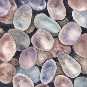 Pebbles in watercolor purple and violet backdrop. Illustration underwater rocks in purple tones, undersea ornament for wallpaper, printing, backgrounds. Colorful gravel artwork