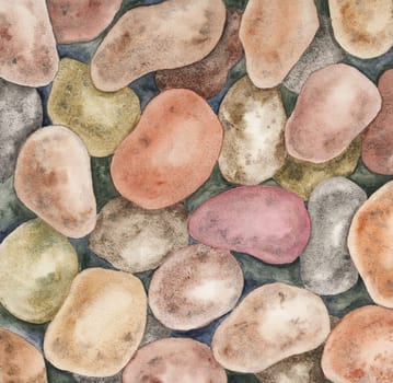 Pebbles in watercolor. Illustration underwater rocks in earthy tones, undersea ornament for wallpaper, printing, backgrounds. Colorful gravel artwork
