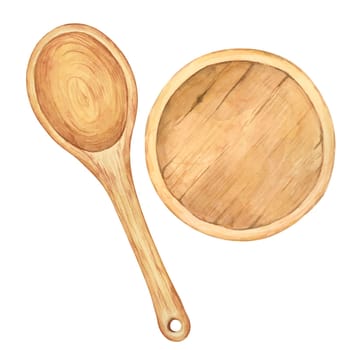 Wooden spoon and plate in watercolor. Hand drawn clipart of empty wooden spatula and plate in rustic style. Design of kitchen utensil for printing, packaging, elements isolated on white background