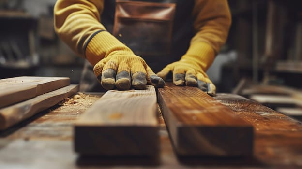 An artisans hands, clad in protective gloves, carefully aligning wooden planks on a workbench, with woodworking tools in the background - Generative AI