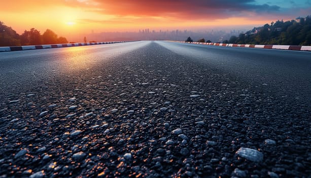 The perspective of the road against the background of sunset and the cityscape. High quality photo