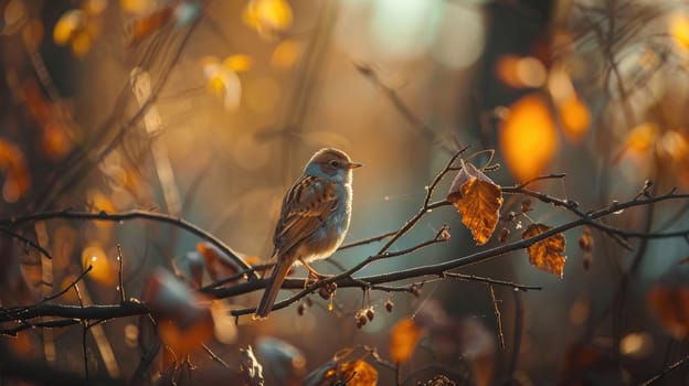 A little bird on a tree branch, A beautiful life in natural, Generative AI.
