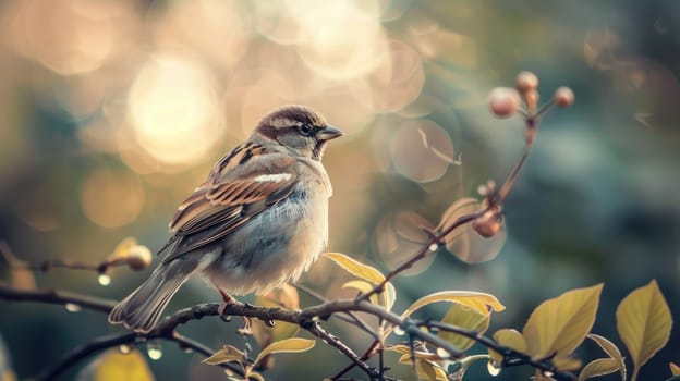 A little bird on a tree branch, A beautiful life in natural, Generative AI.