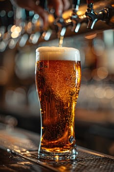 A refreshing glass of beer is being poured from a tap into a pint glass at a bar, creating a perfect alcoholic beverage for enjoyment