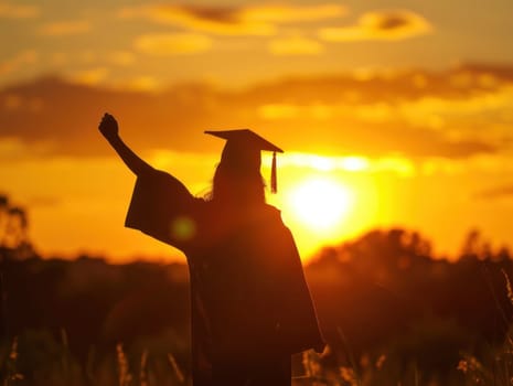 A woman in a graduation cap and gown is standing in front of a sunset.