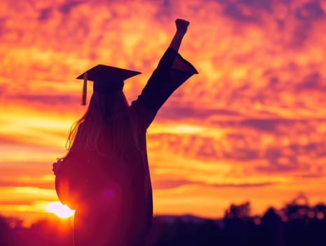 A woman in a graduation cap and gown is standing in front of a sunset. She is holding her fist up in the air, as if celebrating her achievement. Concept of accomplishment and pride