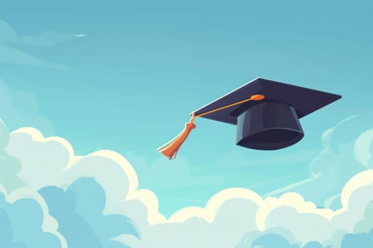 A black graduation cap with a purple and yellow tassel is flying in the sky.