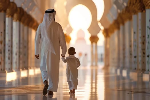 A man and a child are walking down a street in a foreign country.