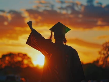 A woman in a graduation cap and gown is standing in front of a sunset.