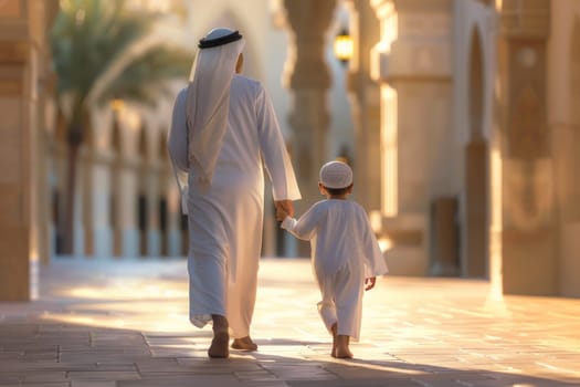 A man and a child are walking down a street in a foreign country. The man is holding the child's hand, and they both seem to be enjoying their time together. Concept of warmth and togetherness