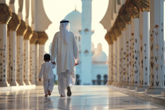 A man and a child are walking down a street in a foreign country.