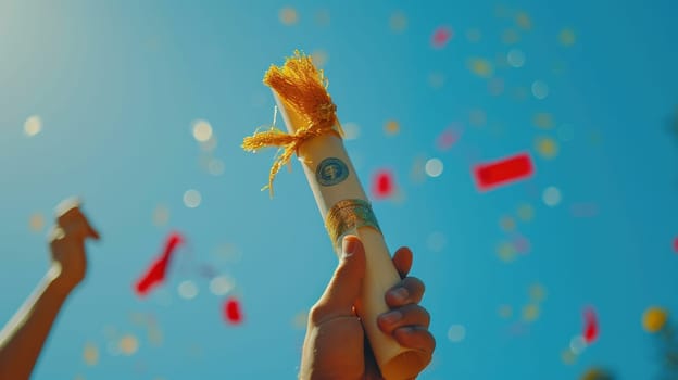 A person is holding a diploma and a cap while flying through the air.