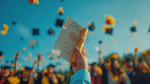 A person is holding a diploma and a cap while flying through the air.