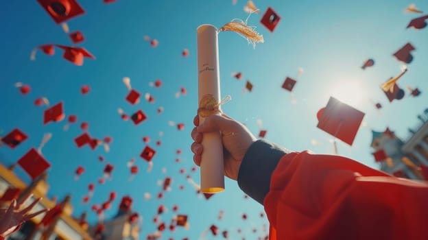 A person is holding a diploma and a cap while flying through the air.