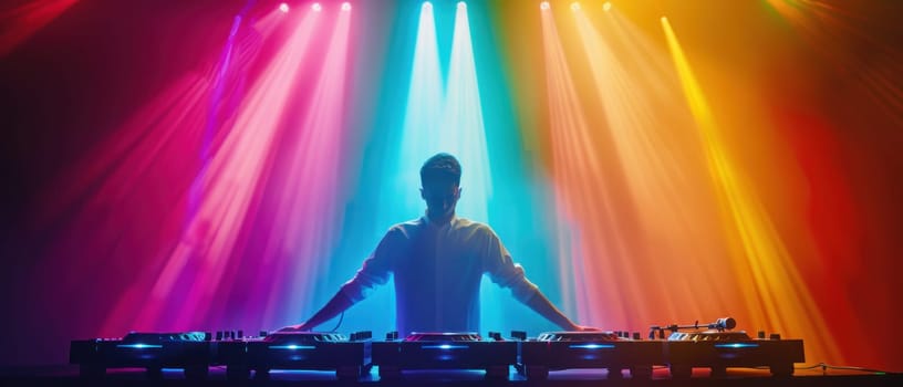 A man is playing a DJ set in front of a colorful light show. The lights are in different colors and are shining on the man. Scene is energetic and lively, as the man is performing in front of a crowd