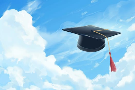 A black graduation cap with a purple and yellow tassel is flying in the sky.