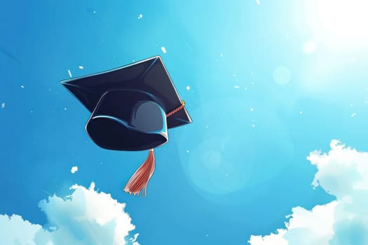 A black graduation cap with a purple and yellow tassel is flying in the sky.