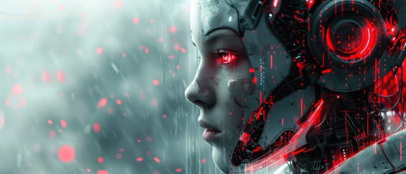 A cyborg face is covered in glowing red sparks.