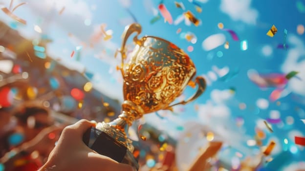 A gold trophy is being held by a person in a crowd of people.