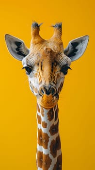 Close up of a Giraffas head on a vibrant yellow background showcasing its long neck, intricate eye, and unique hair patterns. This terrestrial animal is a member of the Giraffidae family