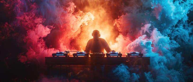 A man is playing a DJ set in front of a colorful light show.