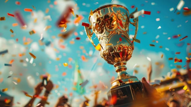 A gold trophy is being held by a person in a crowd of people. The trophy is surrounded by confetti, which adds to the celebratory atmosphere. Concept of achievement and excitement