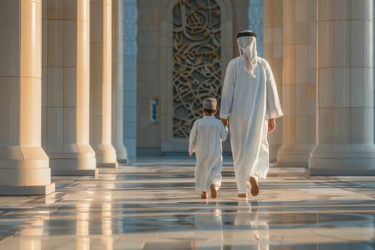 A man and a child are walking down a street in a foreign country.