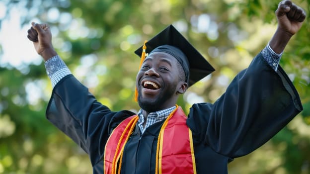 A man in a graduation gown is smiling and holding his hands up in the air. He is celebrating his graduation and is happy about his achievement