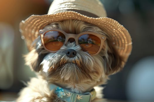 A small dog wearing sunglasses and a straw hat. The dog is looking at the camera