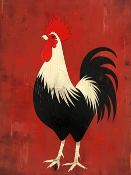 A Black and White Rooster, belonging to the Phasianidae family under the Galliformes order, with a red comb and beak, standing out beautifully against the red background