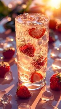 A highball glass filled with ice and strawberries, ready for a refreshing fruit drink recipe on a table