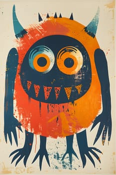 An art paint of a monstrous bird with horns, a beak, and big eyes resembling an owl. The creative arts painting showcases intricate details and unique font