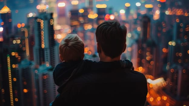 Father holding his son on his shoulders while walking outdoors, Father's Day concept, generative ai.