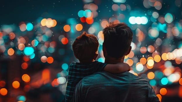 Father holding his son on his shoulders while walking outdoors, Father's Day concept, generative ai.