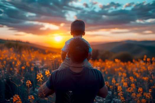 Father holding his son on his shoulders while walking outdoors, Father's Day concept, generative ai.