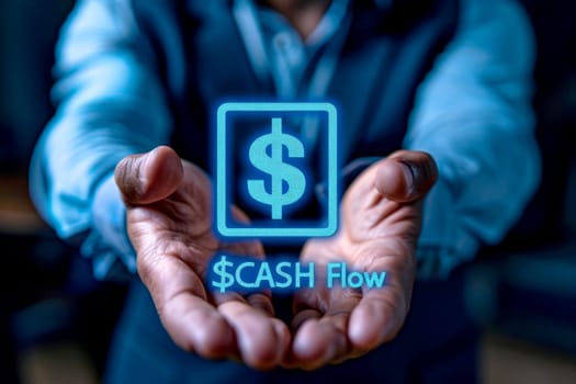 A businessman in a dark blue suit points at cash flow notification sign . Generative AI.