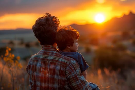 Father holding his son on his shoulders while walking outdoors, Father's Day concept, generative ai.