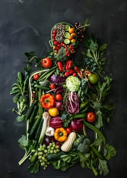 A beautiful wreath made from a variety of fruits and vegetables on a dark background, showcasing the beauty of natural foods and plantbased whole foods