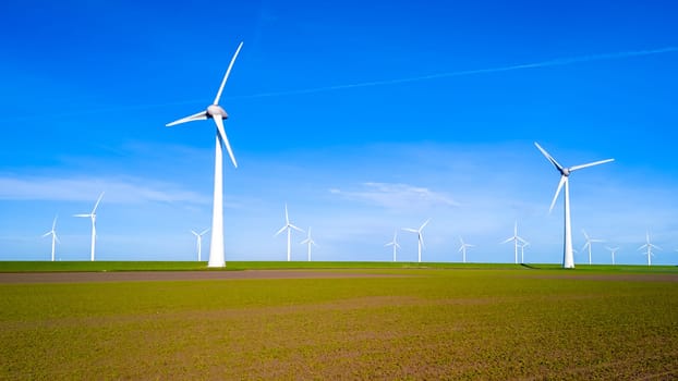 A group of sleek wind turbines stand tall in a vibrant field in Flevoland, harnessing the power of the wind on a sunny spring day. windmill turbines