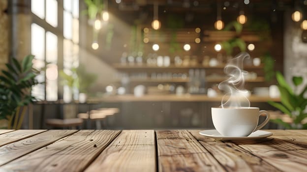 A cup of coffee is resting on a wooden table inside a restaurant, surrounded by hardwood flooring and plant decor. The cozy ambiance is complemented by the earthy tones of the grass outside