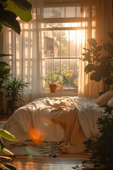 A bedroom with plants, a wooden bed, and a window letting in natural light and tints of sunlight through the curtains, creating a serene and inviting atmosphere