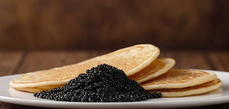 Pancakes with caviar for breakfast highlight luxury morning meal. Golden stack topped with black caviar, served on wooden plate, captures indulgent experience