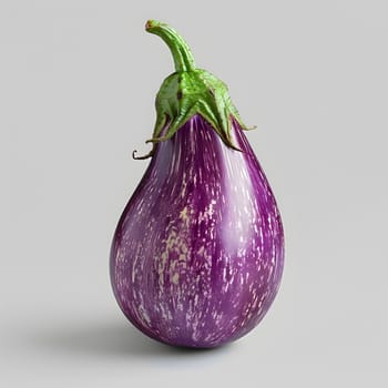 A staple food ingredient, the purple eggplant is a natural food plant with a magenta flowering produce. Its green stem stands out against a gray background