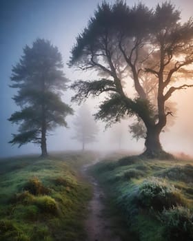 Beautiful landscape image of a misty sunrise over a tree in the countryside.Sunrise in a misty forest in the autumn.Foggy misty forest in the morning.A misty sunrise over a stream flowing through a forest in autumn.